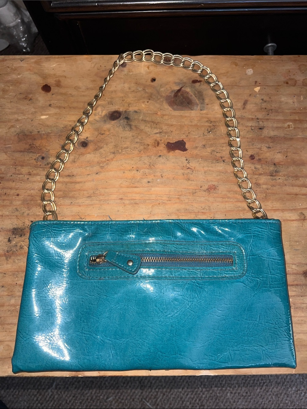 Twelve by Twelve Teal Patent Leather Clutch with Gold Chain